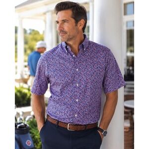 Roundtree & Yorke Gold Label Mens 2XT Blue Red Floral Non-Iron SS Button Down